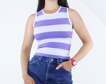 Vintage 90's Everlast athletic tank, stretchy top, two-tone purple horizontal stripe, aerobics, workout, athletic, sleeveless, built-in bra