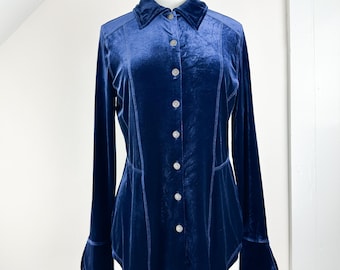 Vintage 90&#39;s/Y2K dark blue gothic velvet top, collared button front blouse, longline, wide cuffs, Sno Skins, moody goth chic punk vampire