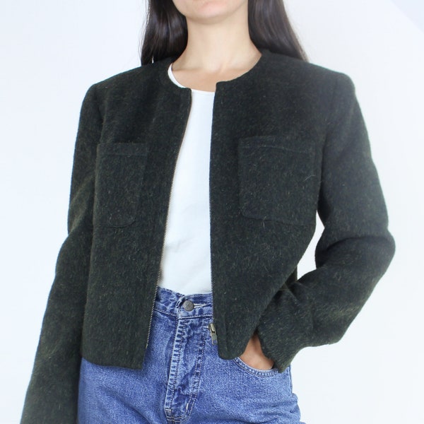 Vintage 90's/Y2K dark green zip front jacket, collarless, wool mohair blend, cropped, front breast pockets, patch pocket, academic, autumn