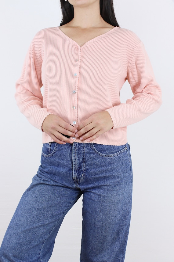 Vintage 90s pastel pink cardigan top, ribbed knit… - image 3