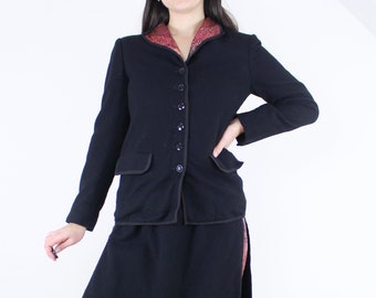 Vintage 70's l. Magnin designer 3 piece set, button front blazer, black with patterned lining, skirt w/ removable lining, mod, avant garde