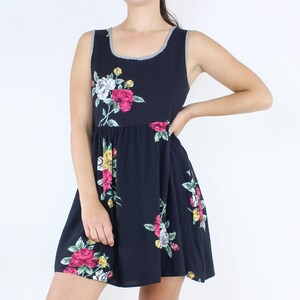 Vintage 90s babydoll mini tank dress, black, large floral print, Anxiety, rayon, checkered trim, back tie, grunge, dark floral, pink, white