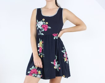 Vintage 90s babydoll mini tank dress, black, large floral print, Anxiety, rayon, checkered trim, back tie, grunge, dark floral, pink, white