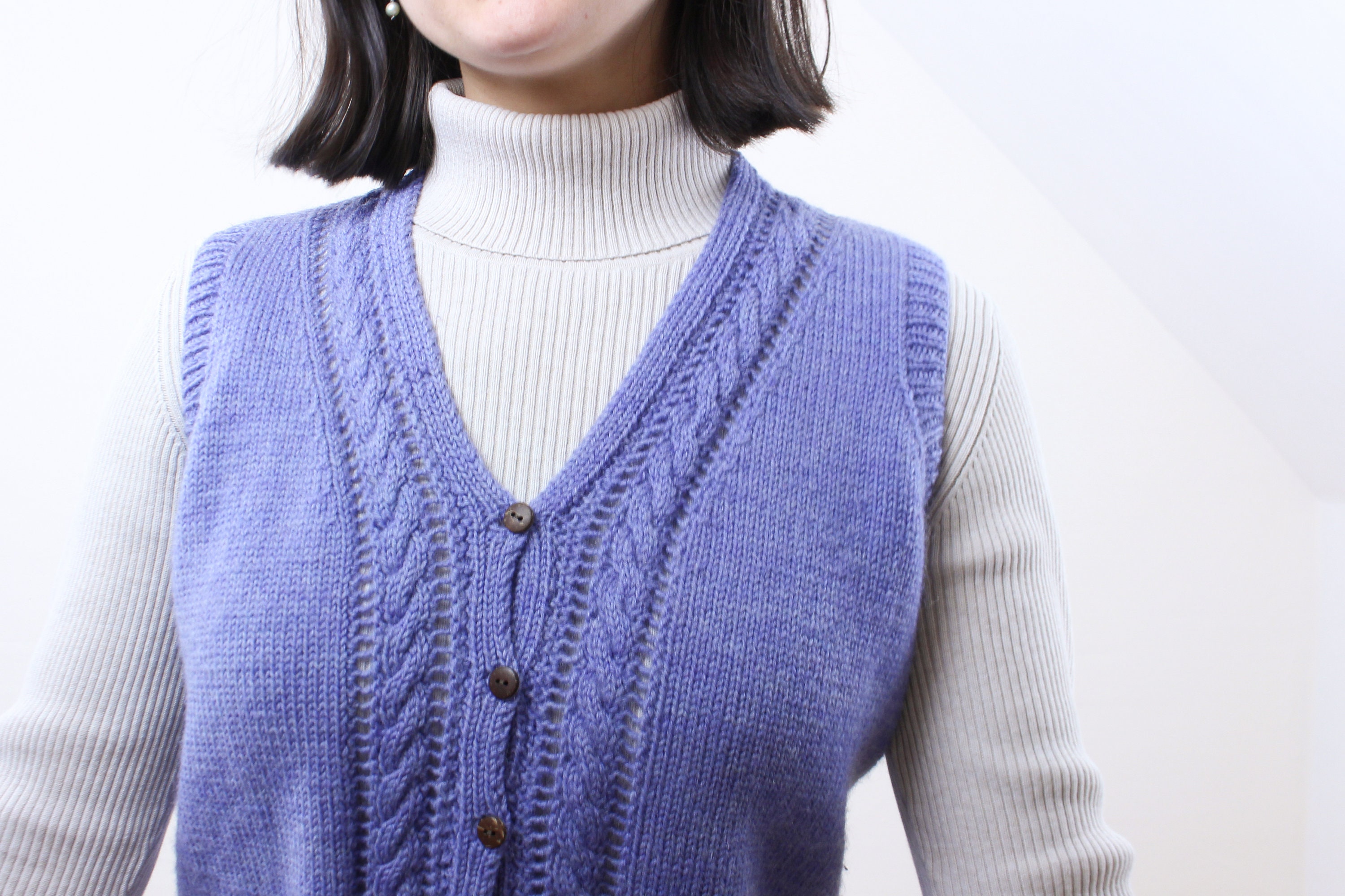 Vintage Handmade Purple Knit Vest, Lilac, Pastel, Wool Blend