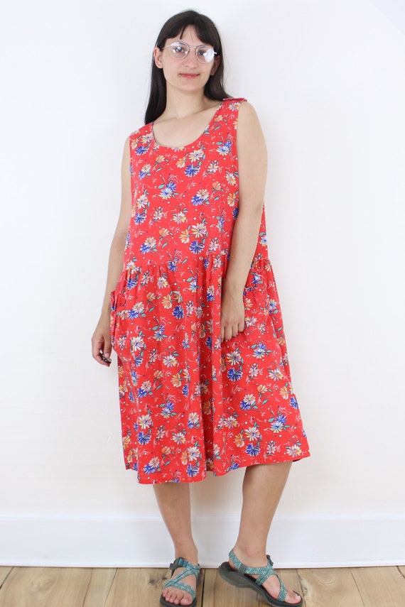 Vintage 80's red floral tank dress, bright red, b… - image 2