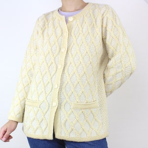 Vintage Aran Crafts merino wool sweater, fisherman, cozy, soft, cardigan, cable knit, yellow and cream, Irish, made in Ireland,