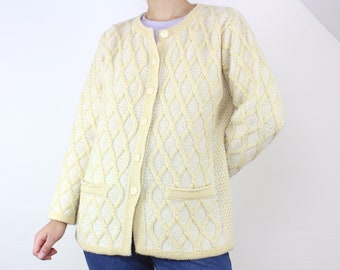 Vintage Aran Crafts merino wool sweater, fisherman, cozy, soft, cardigan, cable knit, yellow and cream, Irish, made in Ireland,