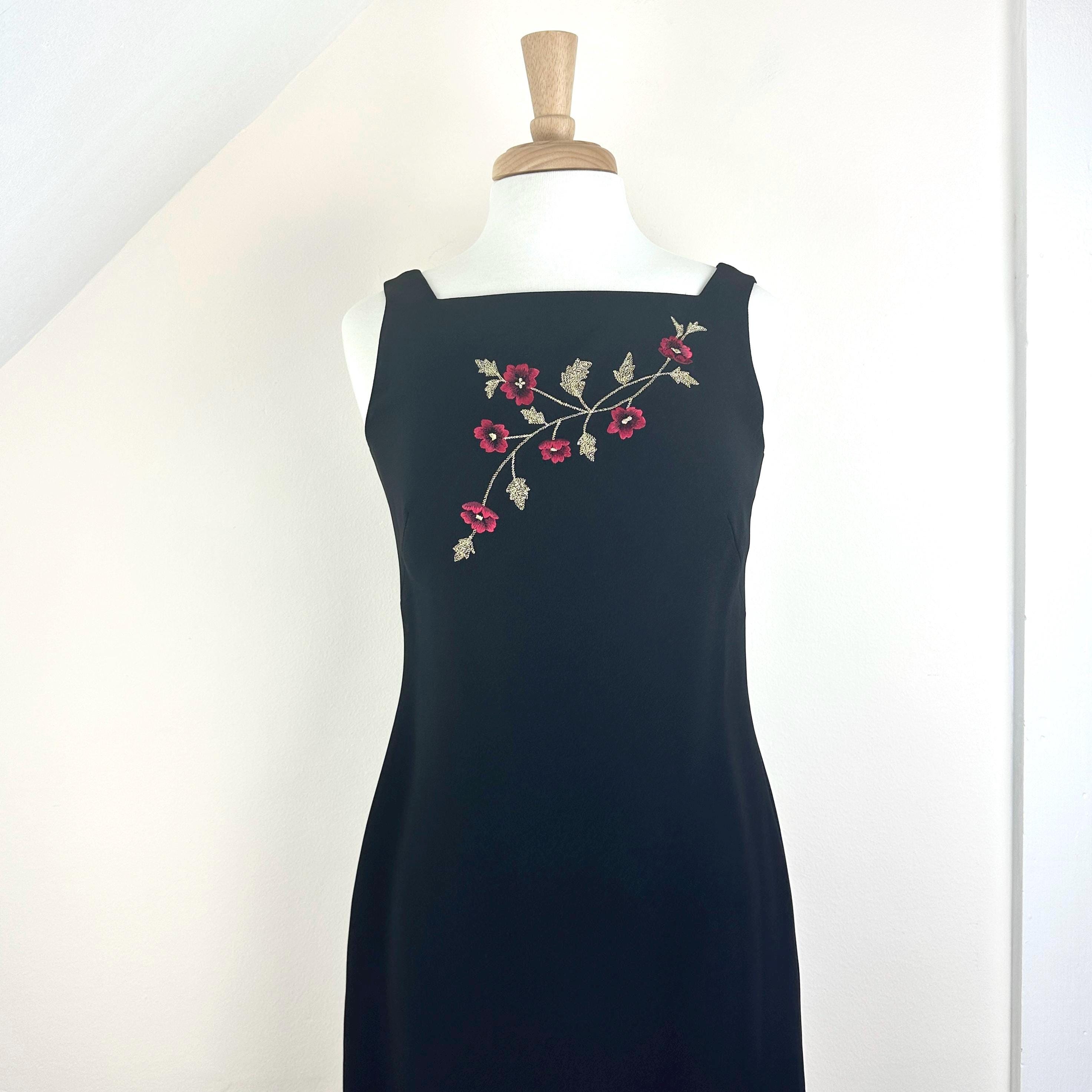Vintage 90's Embroidered Floral Tank Mini Sheath Dress, LBD