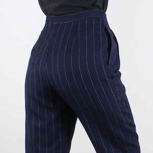 Vintage 90's 26W wool trousers, Jones New York, dark navy blue w/ pinstripes, pleated, high rise tapered, lined, dark academic, corp core