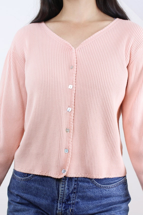 Vintage 90s pastel pink cardigan top, ribbed knit… - image 5
