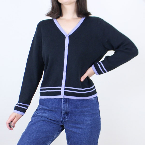 Vintage 90s v-neck cardigan sweater, button front, purple stripe details & square buttons, minimalist, grunge, moody, acrylic cotton blend