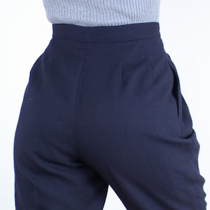 Vintage 90s 26W pure wool dark blue trouser pants, pleated front, fully lined, high rise, high waist, tapered leg, dark academic, minimalist