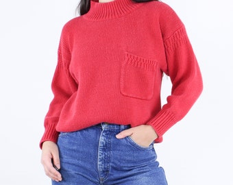 Vintage 80's bright red Forenza pullover sweater, mock neck, chest pocket, heavyweight, drop shoulder, festive, holiday, dopamine dressing