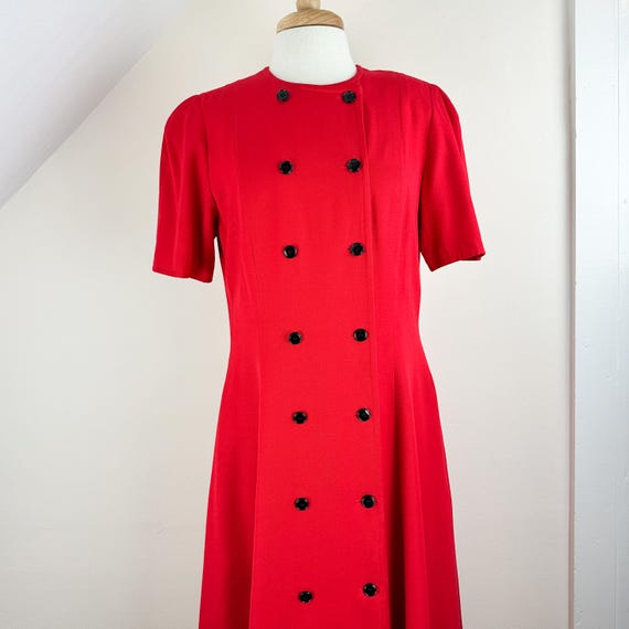 Vintage 90s Liz Claiborne wool blend red dress, double breasted button  front, short sleeve, a-line, midi, preppy, festive holiday Christmas
