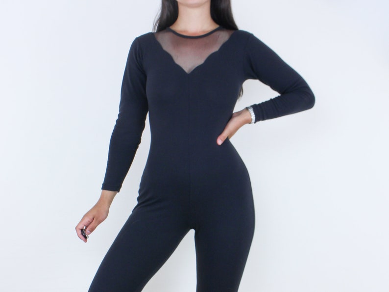 Vintage 90's Bonjour black jumpsuit, sheer detailed neckline, stretchy, comfy, long sleeve, leggings, aerobics, cat suit, minimalist, grunge image 1