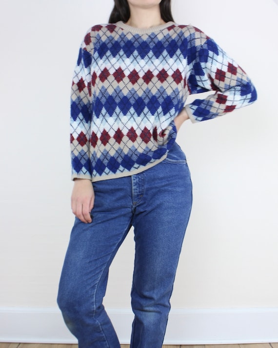 Vintage 90s argyle knit sweater, boxy fit, croppe… - image 3