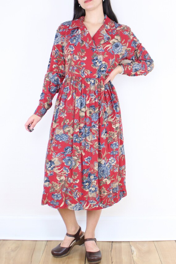 Vintage 90's red floral maxi dress, notched colla… - image 3