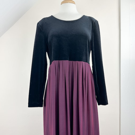 Vintage 90's Long Sleeve Maxi Dress, Black Velvet, Burgundy Rayon