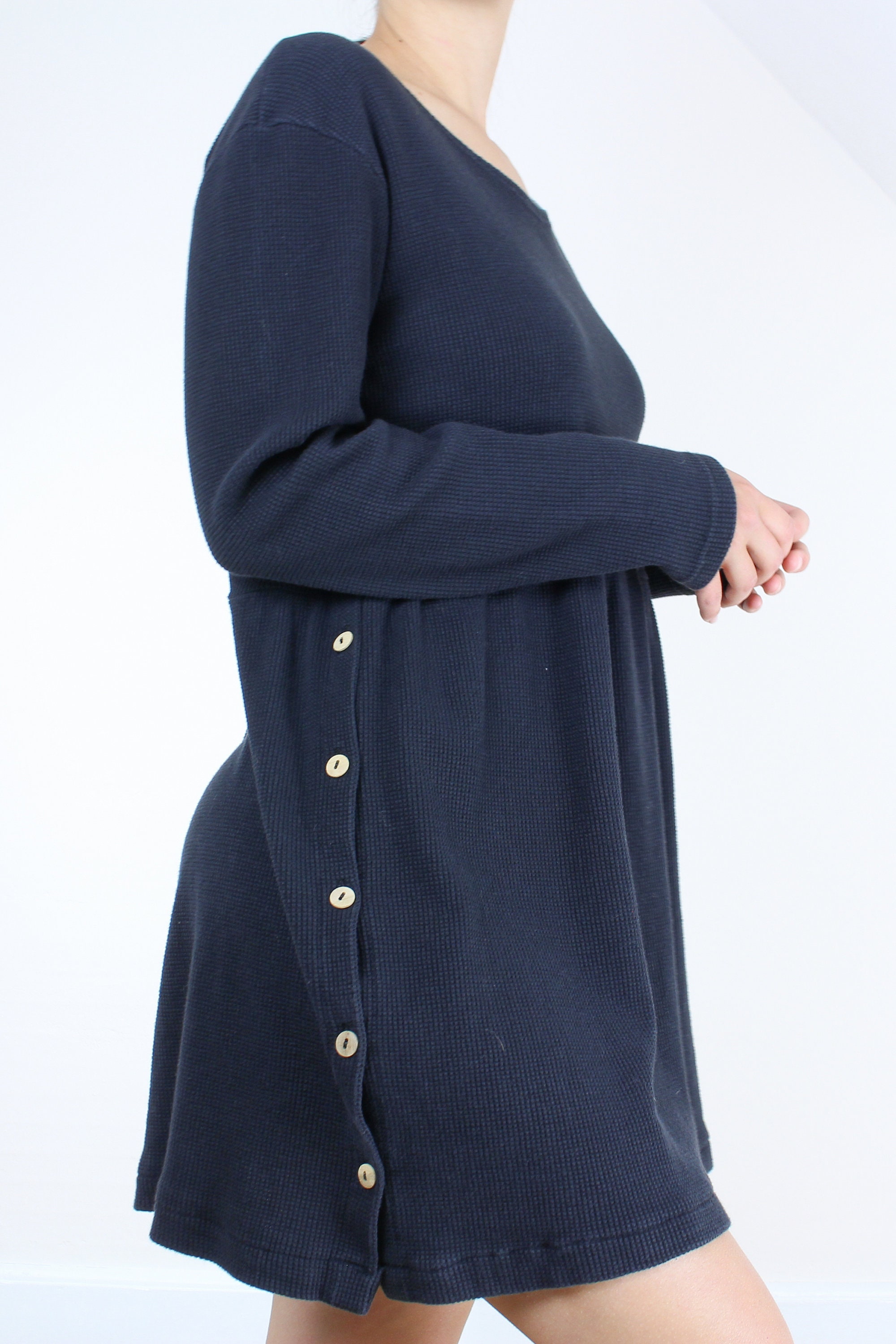 Vintage 90's Black waffle knit dress, babydoll, mini length, Pier One, thermal dress, side buttons, grunge, comfy, shirt dress