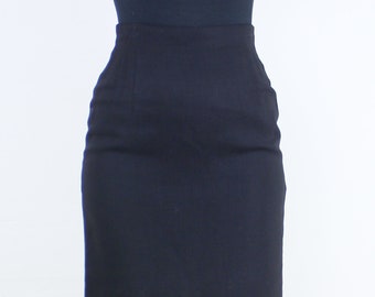 Vintage 90's 28W black pencil skirt, Jones New York, jet black, fitted, knee length, back slit, lined, rayon, career, office, minimalist
