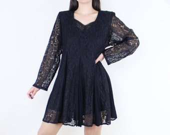 Vintage 90s lace whimsygoth dress, Nostalgia, black, skater cut, full flowy skirt, long sleeve, grunge, gothic, rayon, fairy core, dark