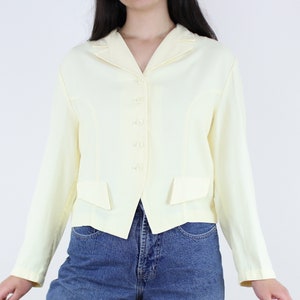 Vintage 90&#39;s light pastel yellow blouse, top, blazer style, semi-cropped, collared, button front, notched collar, lined, light academia