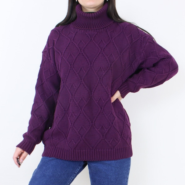 Vintage 90's eggplant purple cotton turtleneck sweater, chunky knit, diamond pattern, argyle, long sleeve, grunge, moody, Jeanne Pierre