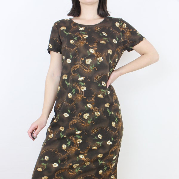 Vintage 90's moody rayon dress, Victoria Holley, brown beige gold green unique floral & paisley, short sleeve, maxi, grunge, woodland fairy