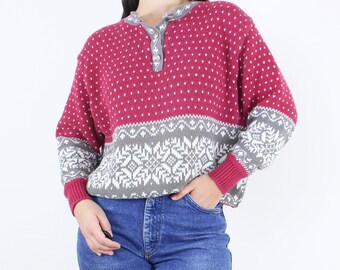 Vintage 90s festive cotton pullover, 3 button henley neck, Chelsea Garden, red gray white, hearts, snowflakes, fair isle, christmas, holiday