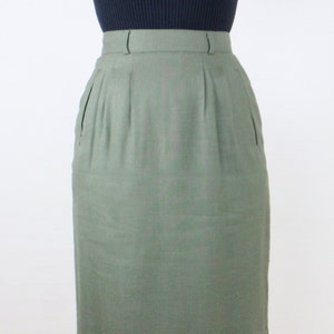 Vintage 90&#39;s Liz Claiborne light olive green rayon skirt, pleated, midi length, minimalist, office, corporate core, workwear, lined