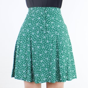 Vintage 90s Contempo Casuals mini skirt, rayon, green w/ abstract white print, partial button front, mini, skater style, high rise, grunge