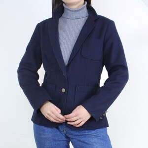 Vintage 90s navy blue blazer jacket, single breasted, two button, notch lapel, patch pockets, nipped waist, dark academic, Ragazza
