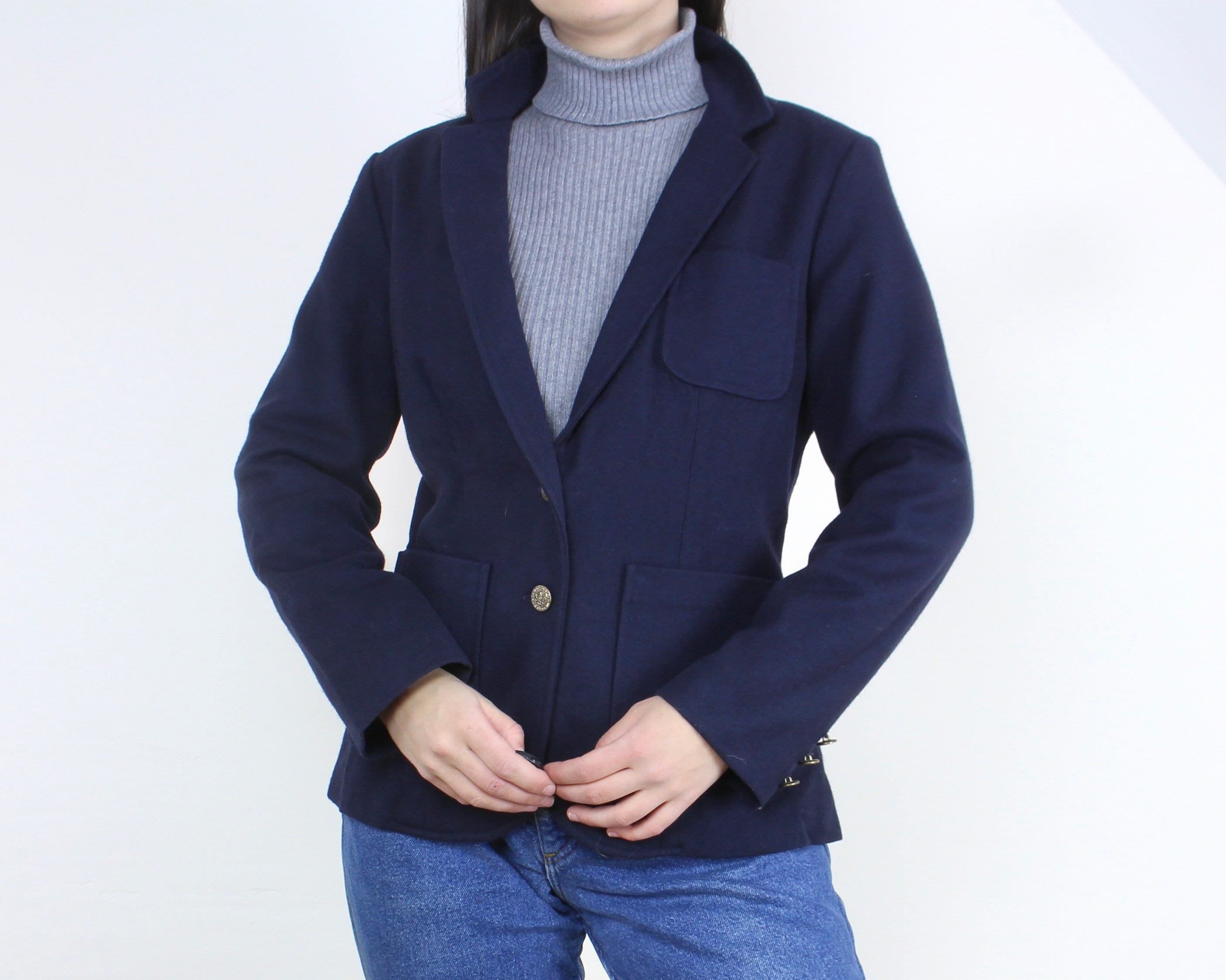 Vintage 90s Navy Blue Blazer Jacket, Single Breasted, Two Button
