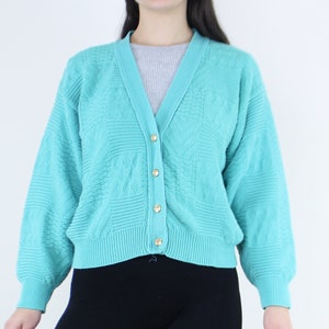 Vintage 80s/90s bright aqua blue cardigan, Flyer, knit sweater, button front, v neck, cotton, color block, gold buttons, dopamine dressing
