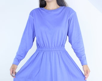 Vintage 90's LLBean light blue/purple dress, crewneck, cotton, pockets, removable shoulder pads, long sleeve, elastic waist, comfy, fall