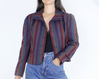 Vintage 70's multicolor stripe cropped blazer, tweed, warm tones, fall, autumn, puff sleeves, front pockets, Swingles, button up, purple