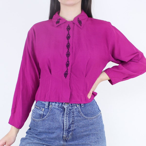 Vintage 90's fuschia blouse, Anxiety, top, shirt, purple, pink, black velvet embroidery, button front, fitted, nipped waist, cropped, gothic