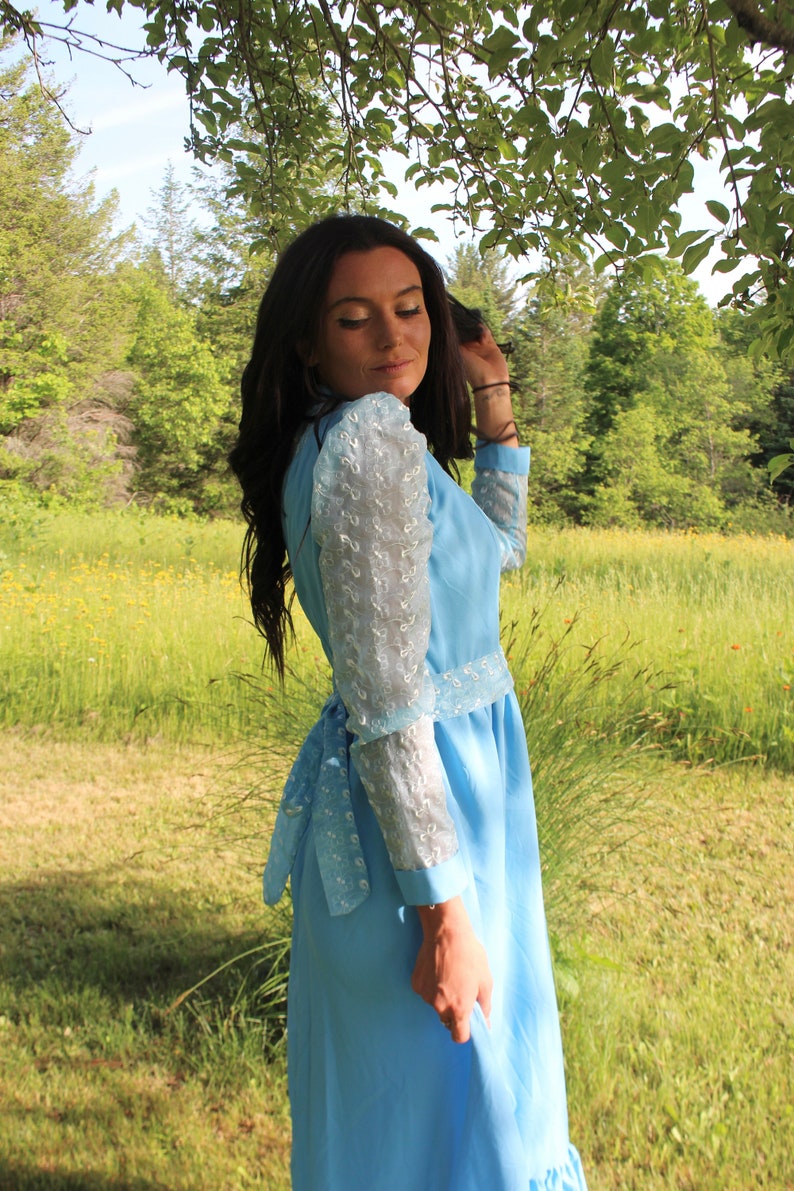 May include: A light blue dress with a white lace overlay on the sleeves. The dress has a cinched waist and a flowing skirt.
