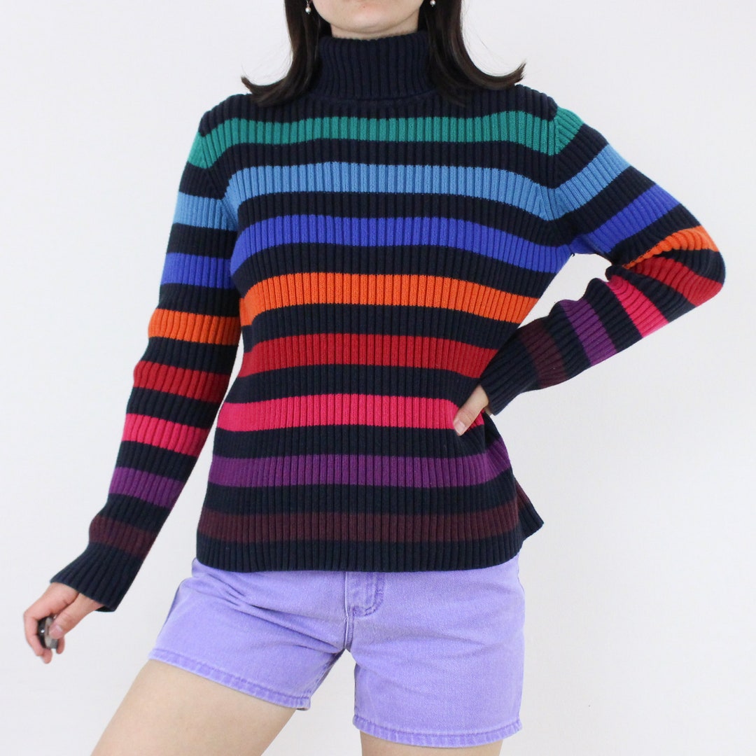 Vintage 90's Rainbow Ribbed Turtleneck Sweater, Top, Pullover, Comfy, Casual, Rib Knit, Colorful Stripe, Multicolor, Bold, Fun, Fall Winter - Etsy Vintage 90's Rainbow Ribbed Turtleneck Sweater, Top, Pullover, Comfy, Casual, Rib Knit, Colorful Stripe, Multicolor, Bold, Fun, Fall Winter - Etsy