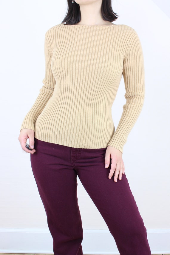 Vintage 90's tan ribbed sweater top, pullover, Ti… - image 3