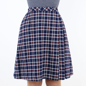 Vintage 60&#39;s/70&#39;s 23W plaid wool wrap skirt, blue red & white, above the knee, mini, Country Set, wool, union made, academic, preppy, autumn