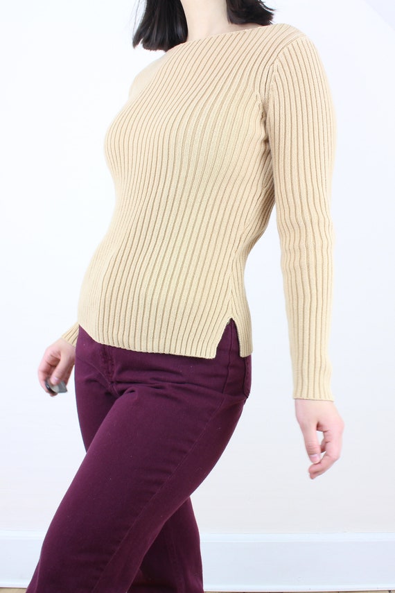 Vintage 90's tan ribbed sweater top, pullover, Ti… - image 2