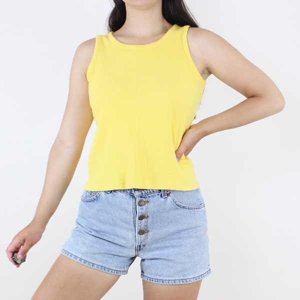 Vintage 90's No Boundaries tank top, bright yellow, ribbed, cotton blend, stretchy, semi-cropped, casual, minimalist, dopamine dressing