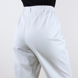 Vintage 90&#39;s 30-34W cotton trouser pants, Appleseeds Petites, high rise tapered, pockets, bareback, comfort waist, minimalist light academic