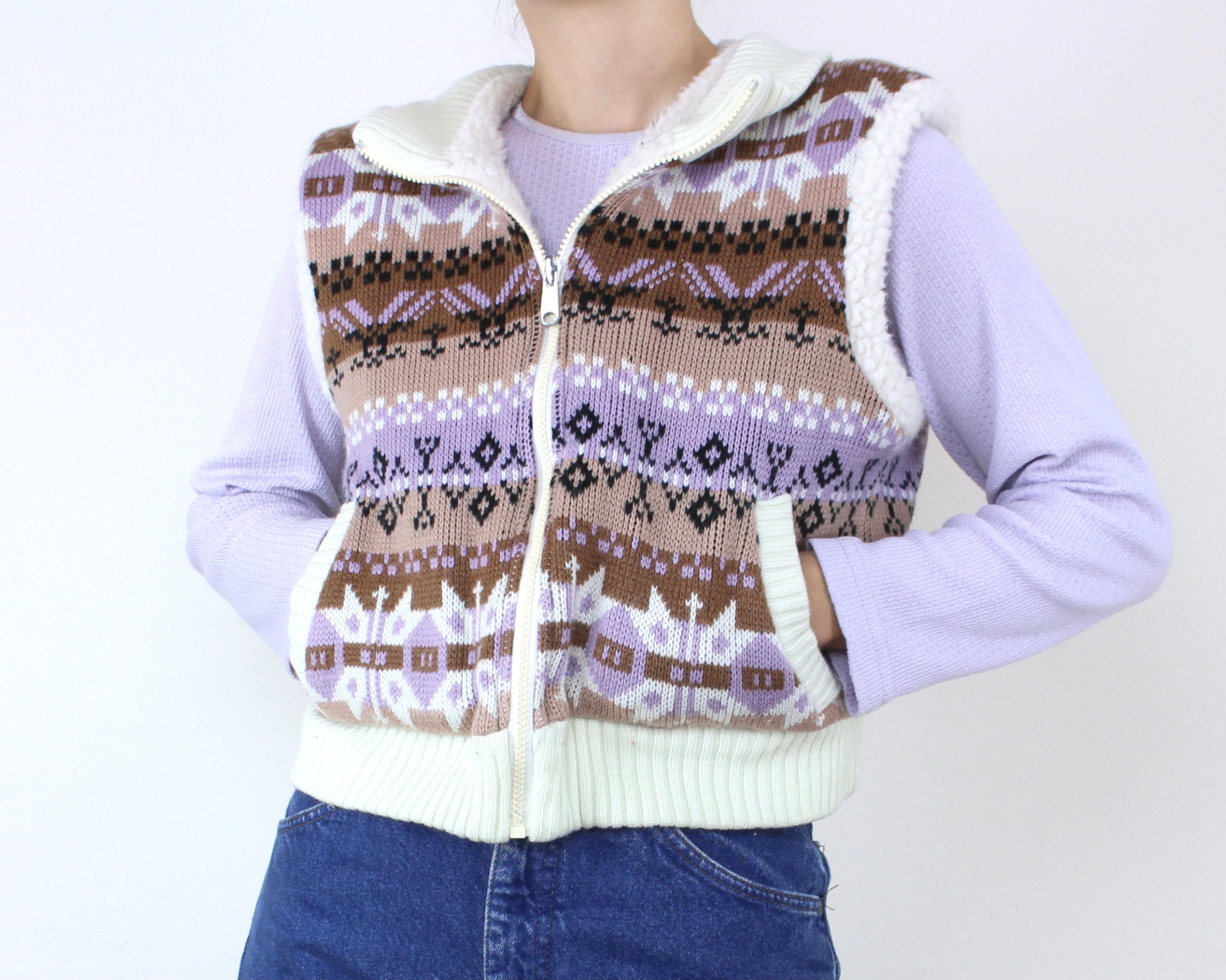 Vintage 70s Knit Sweater Vest, Sherpa Lined, Zip Up, Collared, Purple, Brown, White, Cropped, Pockets, Ski Vest, Ski Wear - Etsy Vintage 70s Knit Sweater Vest, Sherpa Lined, Zip Up, Collared, Purple, Brown, White, Cropped, Pockets, Ski Vest, Ski Wear - Etsy
