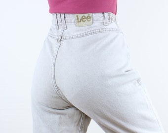 Vintage 90's 32-34W Lee jeans, beige denim, tan, khaki, bareback, elastic waist, high rise, high waisted, mom jean fit, tapered, minimalist