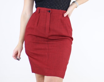 Vintage 90's 26W houndstooth wool pencil skirt, red & black, Liz Claiborne, pleated front, gingham, plaid, pockets, lined, high rise