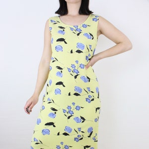 Vintage 90&#39;s floral rayon tank dress, MPH Collection, yellow w/ blue flowers, black leaves, sleeveless, midi, shift, spring, summer, grunge