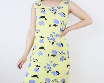 Vintage 90's floral rayon tank dress, MPH Collection, yellow w/ blue flowers, black leaves, sleeveless, midi, shift, spring, summer, grunge
