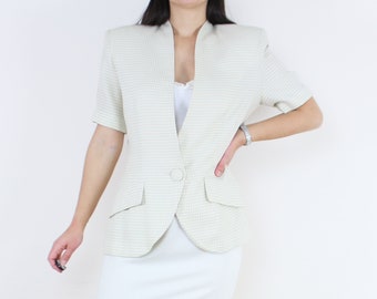 Vintage 90's short sleeved blazer top, Diana Hartman, cream & ivory, check pattern, long length, minimalist, light academia, career, office
